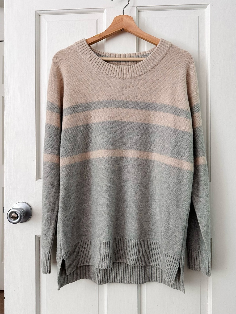 TOAD & CO LambsWool Striped Plateau Crewneck Sweater Gray Blush Pink Size L